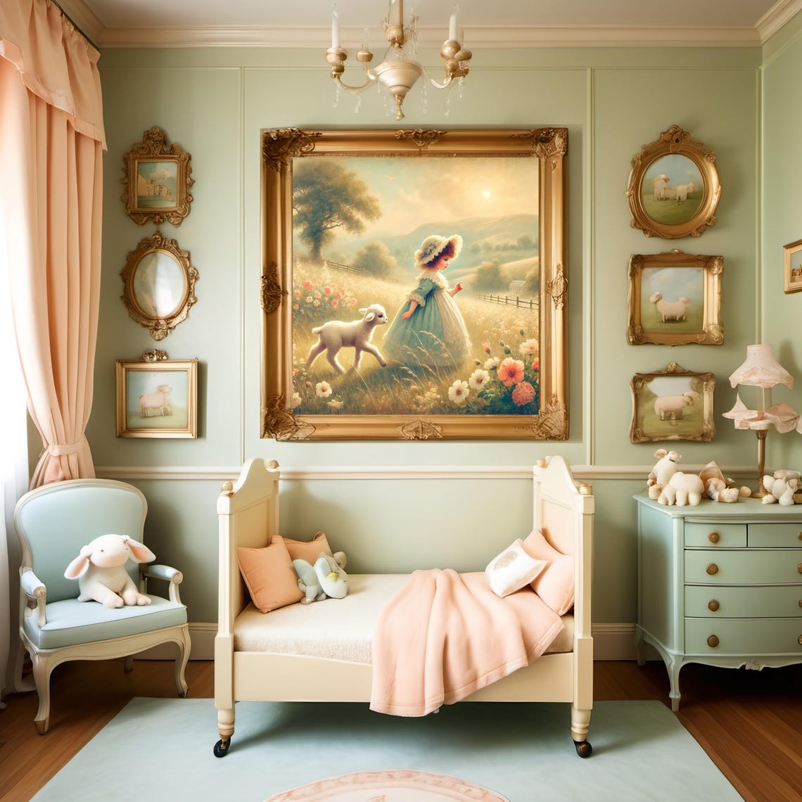 Mary Had A Little Lamb Sunny Meadow Stroll Vintage Nursery Poster - Image 3