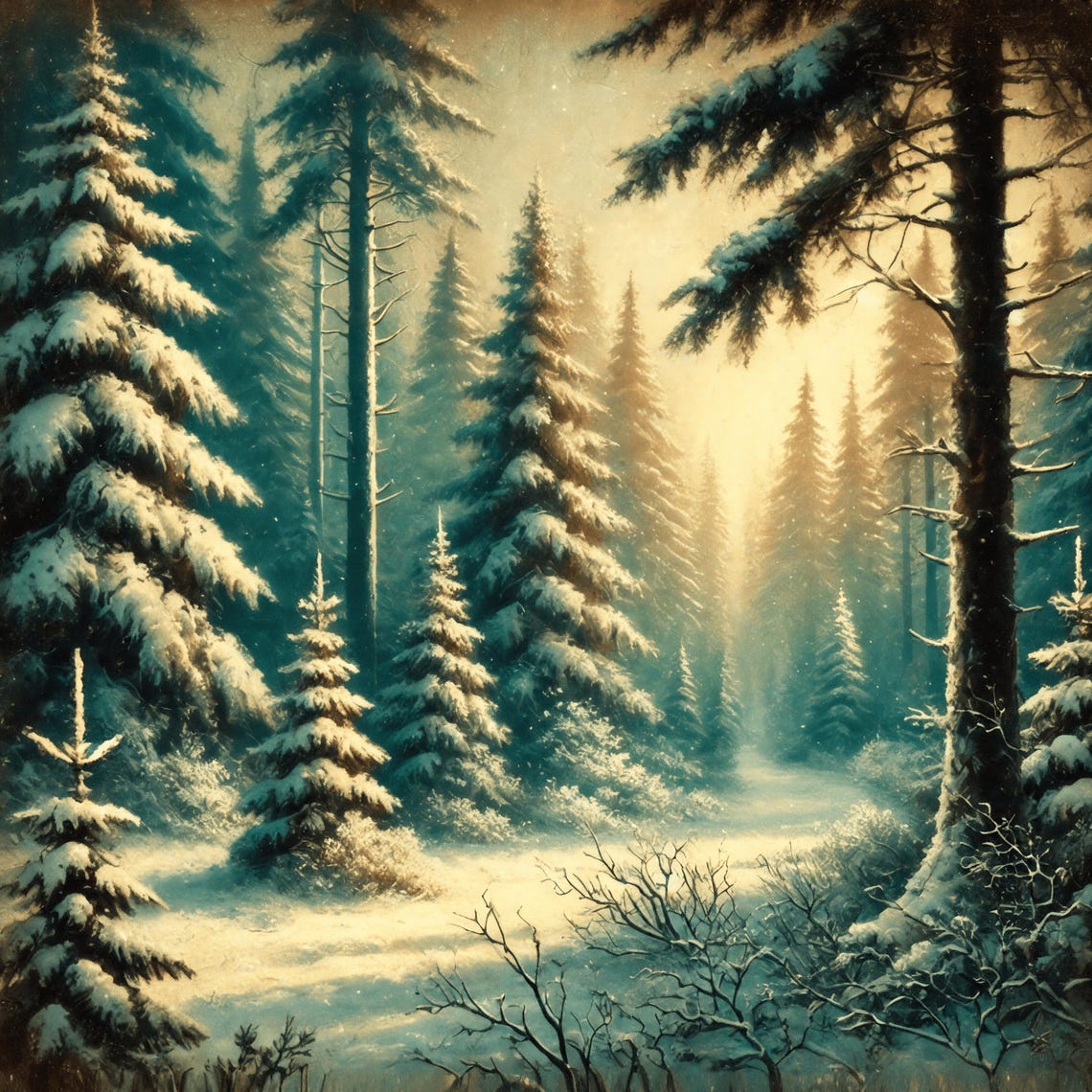 Snowy Evergreen Forest Golden Winter Light Vintage Landscape Wall Art