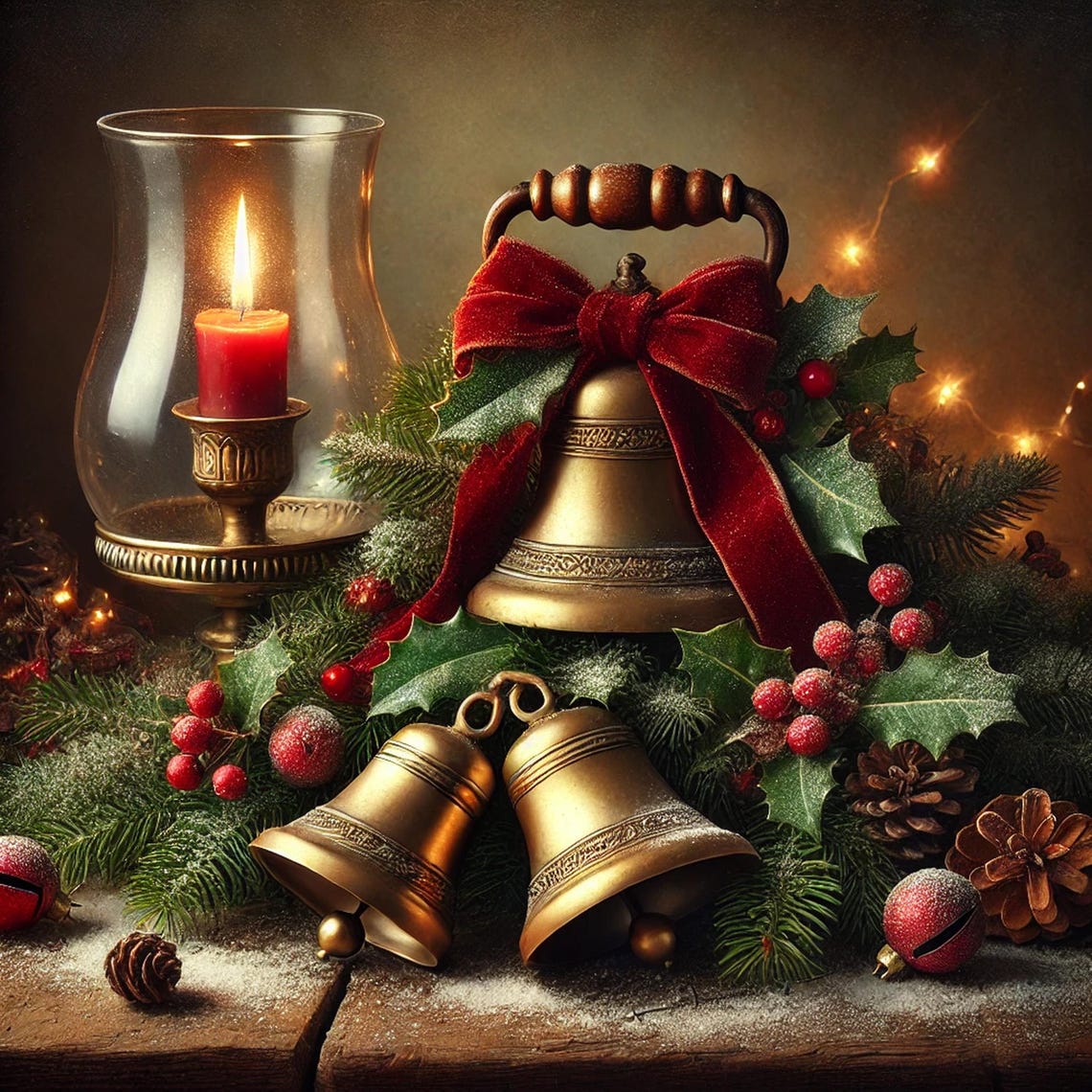 Brass Christmas Bells Red Velvet Bow Candle Still Life Art Print