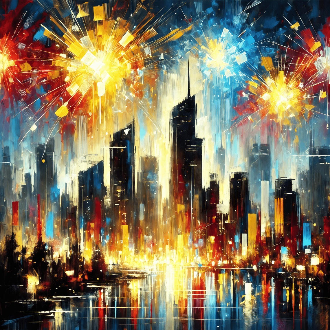 New Year Fireworks Abstract City Skyline Night Celebration Art Poster