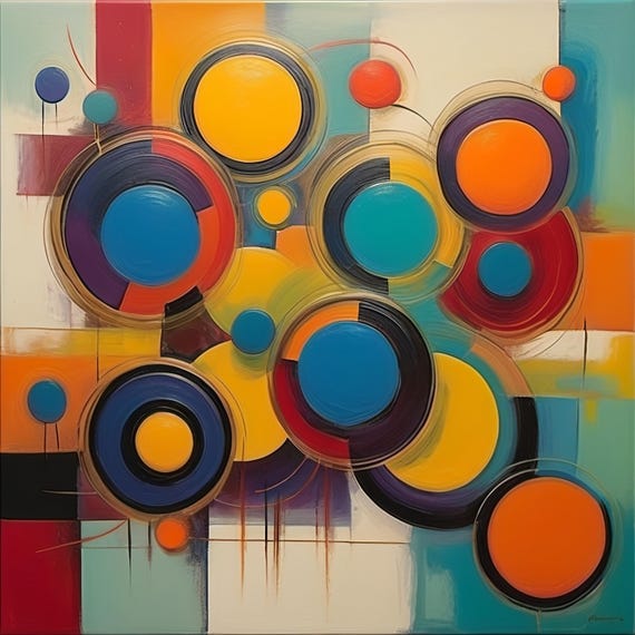 Vibrant Abstract Painting Mid Century Modern Inspired Wall Decor Colorful Geometric Circles Art Bold Mid 20th Century Art For Home Decor
