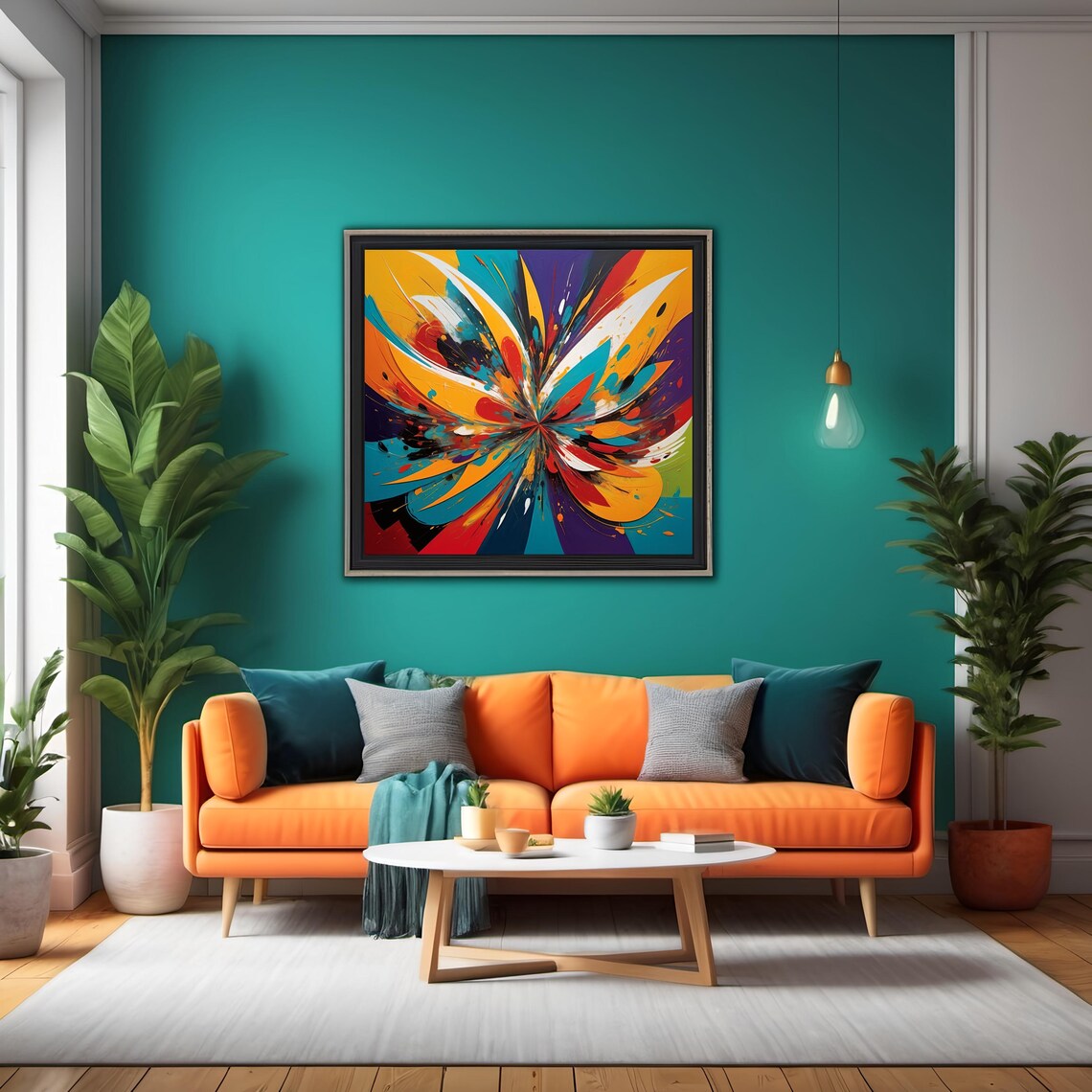 Kaleidoscopic Abstract Vibrant Turquoise Orange Purple Wall Art Dynamic Radial Design For Modern Dcor - Image 2