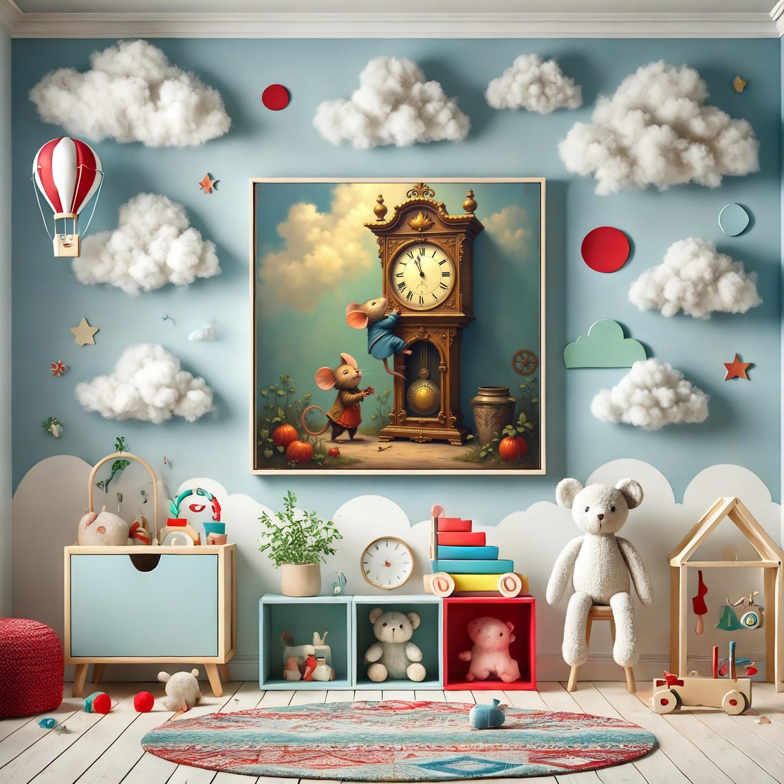 Hickory Dickory Dock Mice Climbing Grandfather Clock Nursery Poster - Image 2