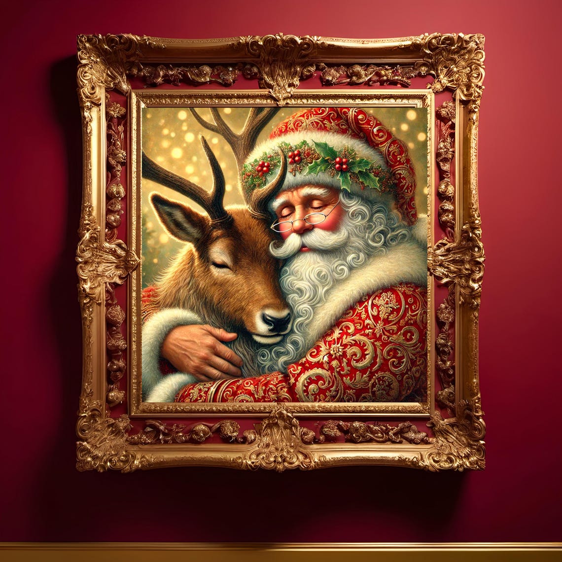 Santa Claus Hugging Reindeer Tender Heartwarming Holiday Print - Image 3
