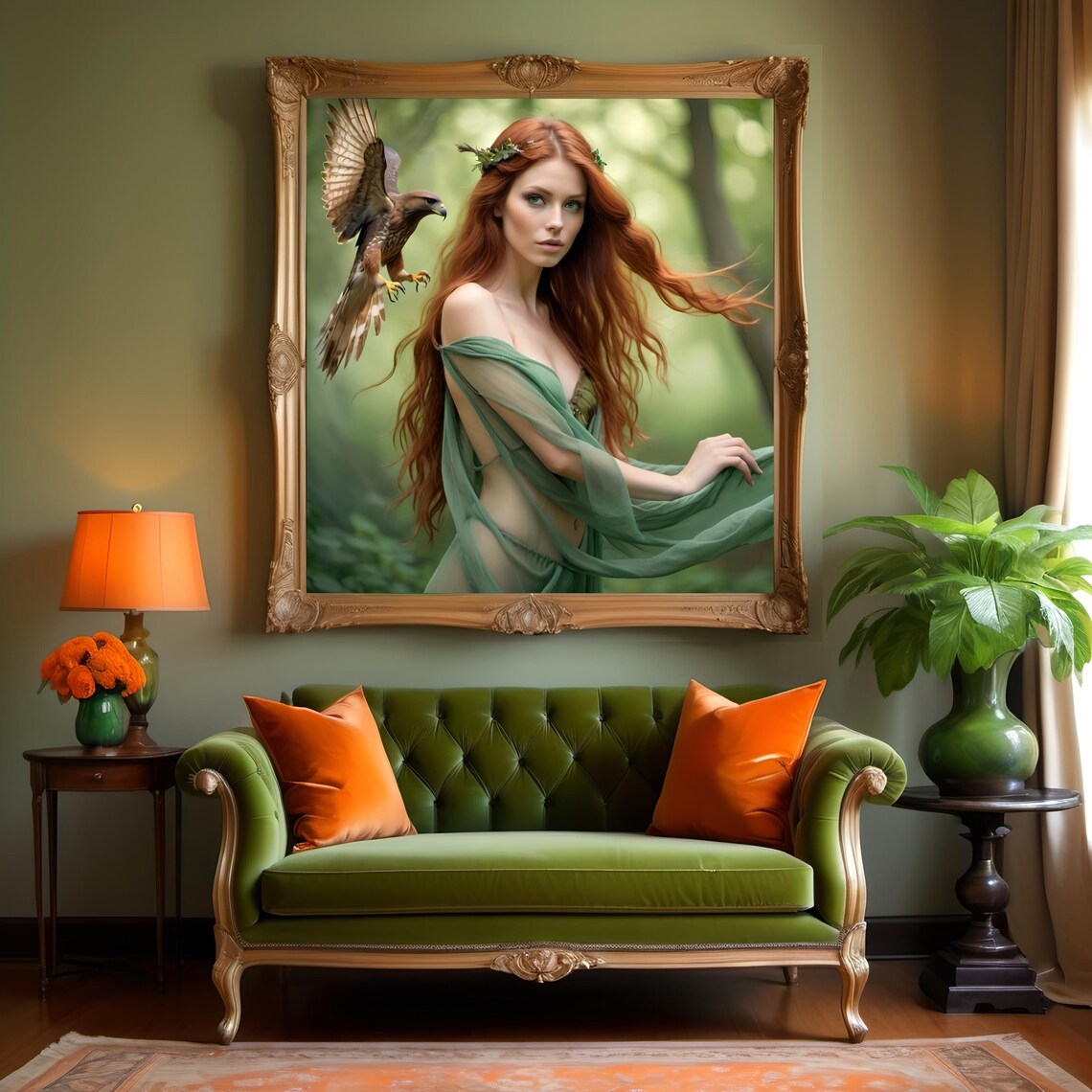 Auburn Fairy Woman with Hawk Ethereal Forest Fantasy Art Print - Image 3