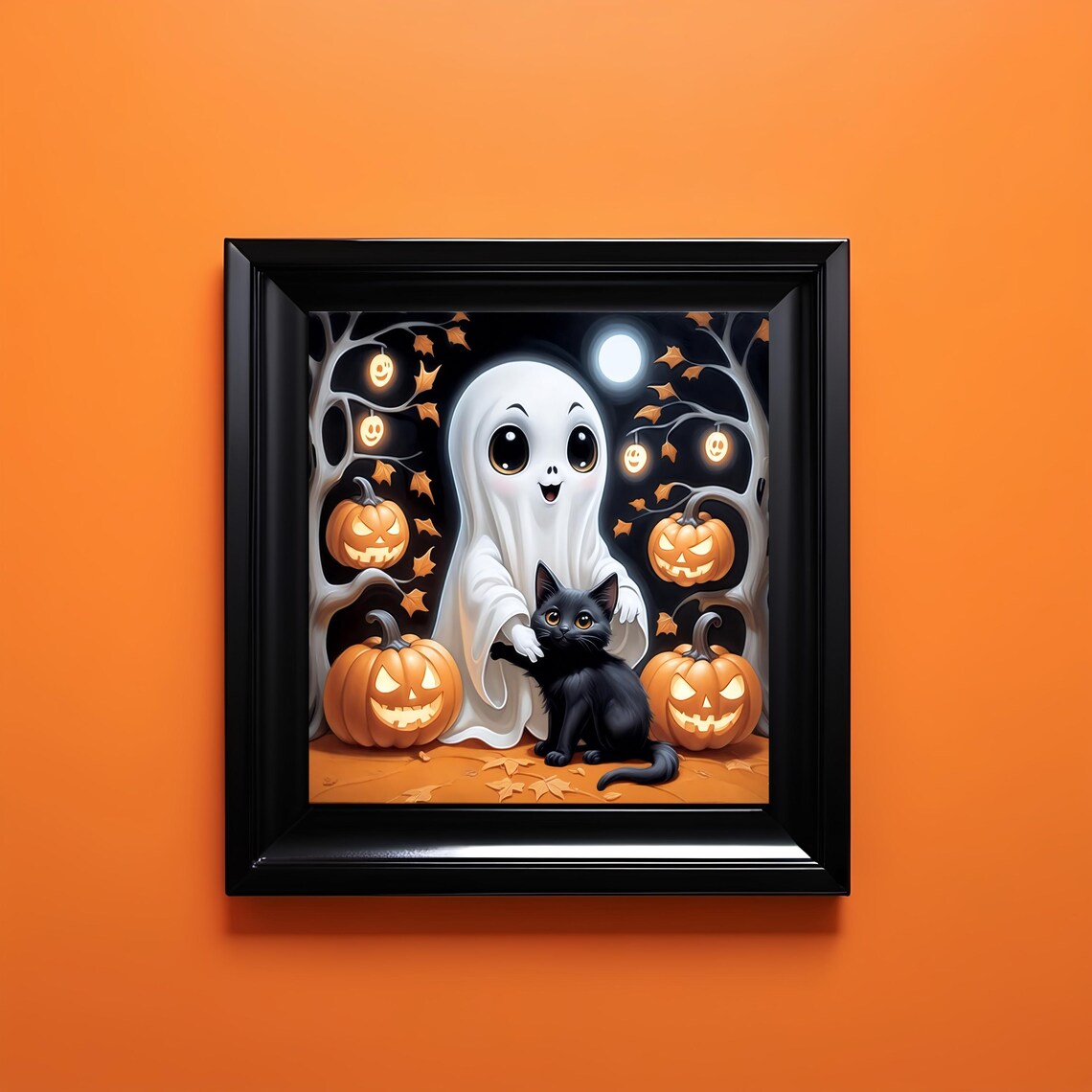 Happy Ghost With Black Cat And Jack O Lanterns On Halloween Night Poster - Image 3