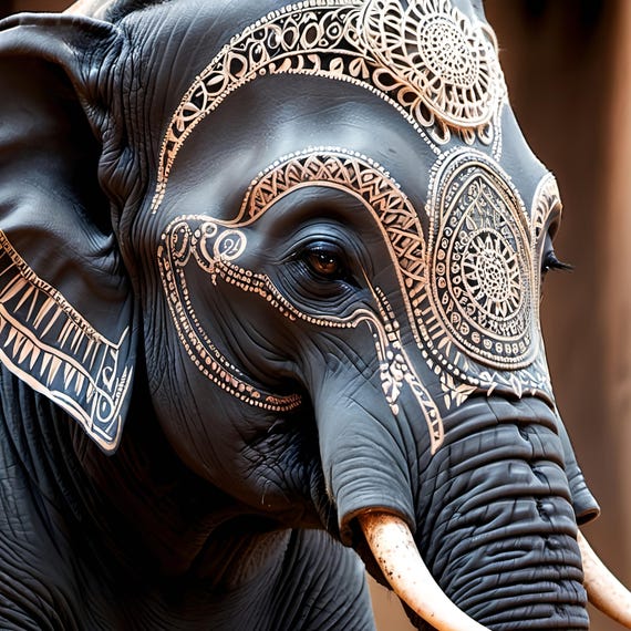 Tattooed Elephant Art Print, Bold Intricate Design