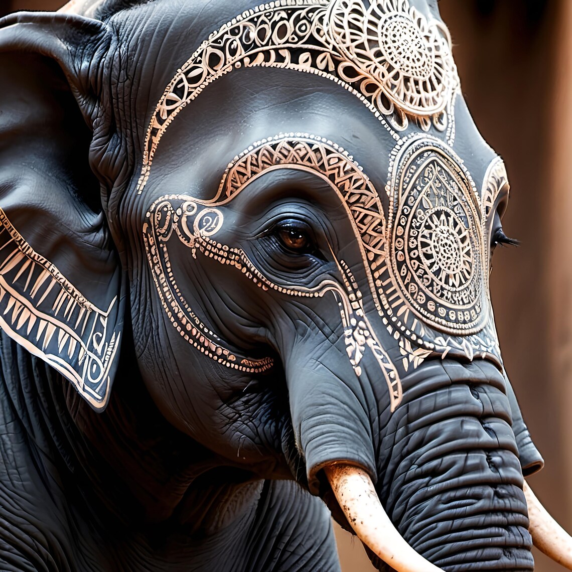 Tattooed Elephant Art Print, Bold Intricate Design