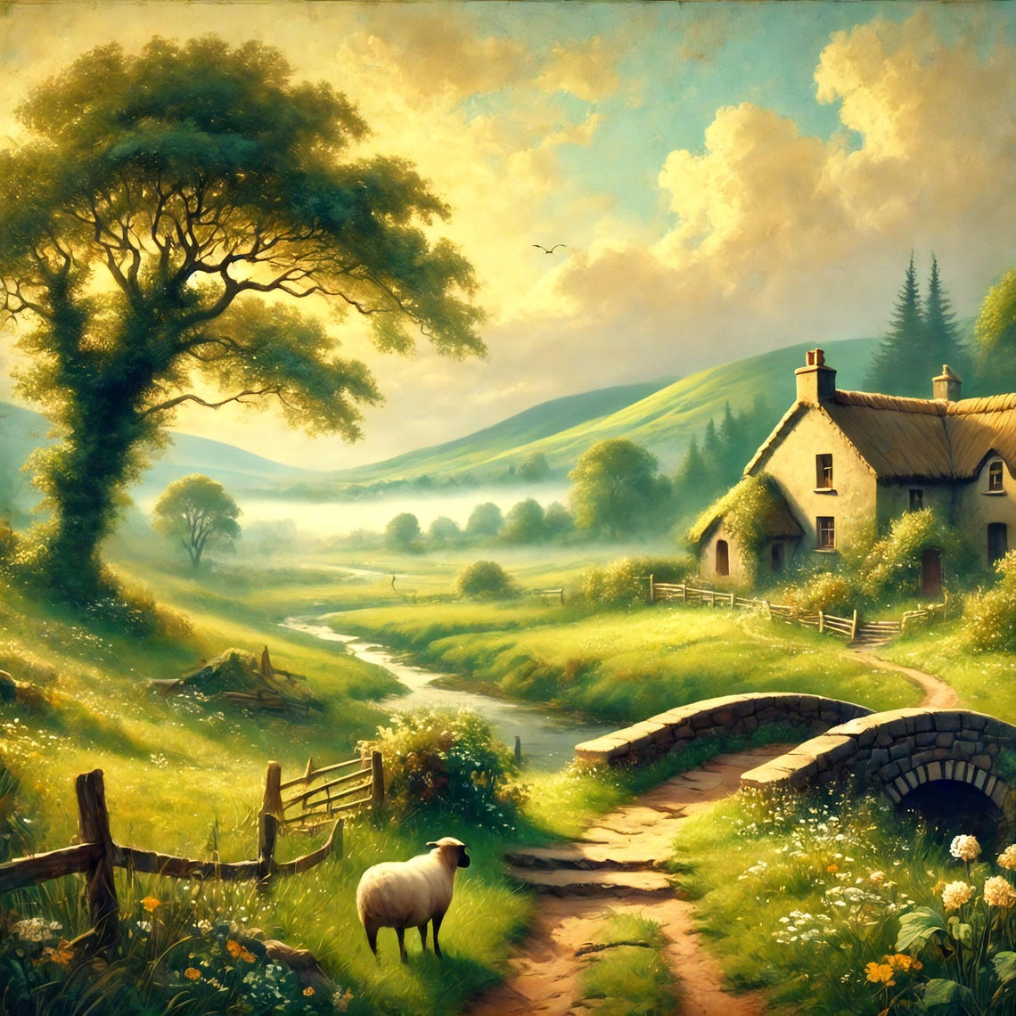 Irish Countryside Thatched Cottage Sheep Stream Golden Morning Poster