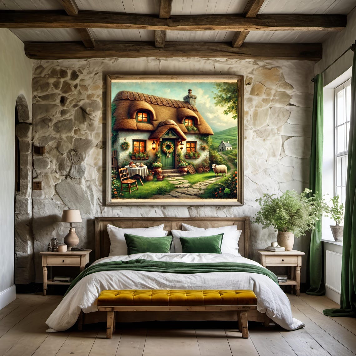 Cozy Irish Thatched Cottage Green Door Sheep Garden Scene Poster - Image 3