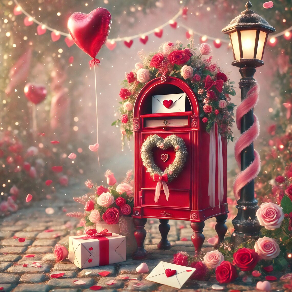 Whimsical Red Valentine Mailbox with Roses and Love Letters Print