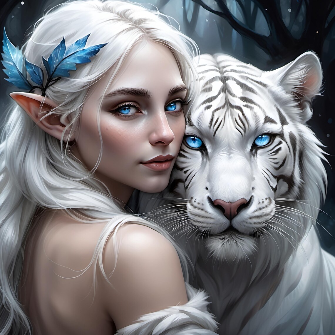 Elven Woman With White Tiger, Mystical Art Print