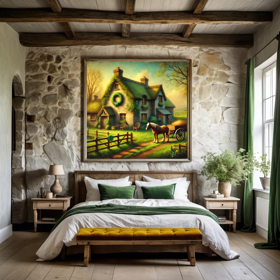 Irish Thatched Cottage Horse Cart Shamrock Wreath Rustic Wall Poster - Image 3