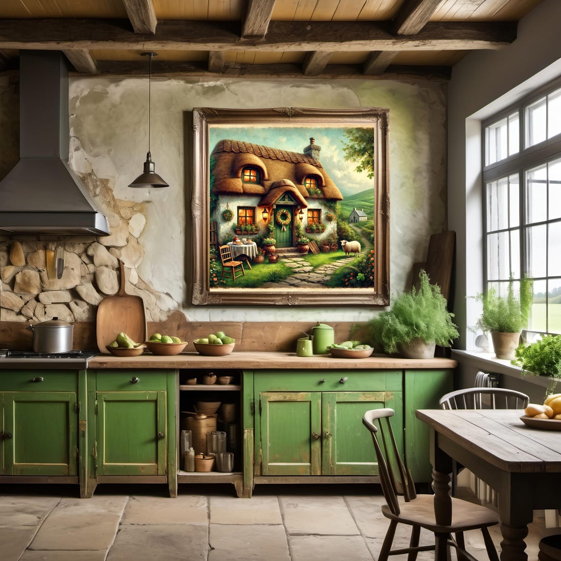 Cozy Irish Thatched Cottage Green Door Sheep Garden Scene Poster - Image 2