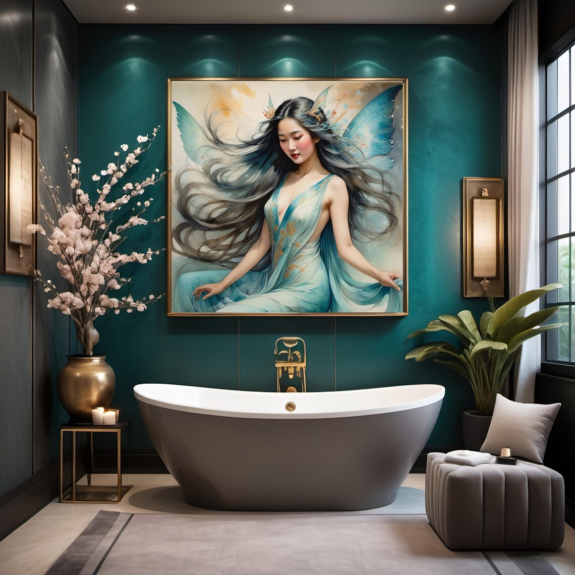 Teal Butterfly Fairy Flowing Hair Ethereal Watercolor Fantasy Poster - Image 2