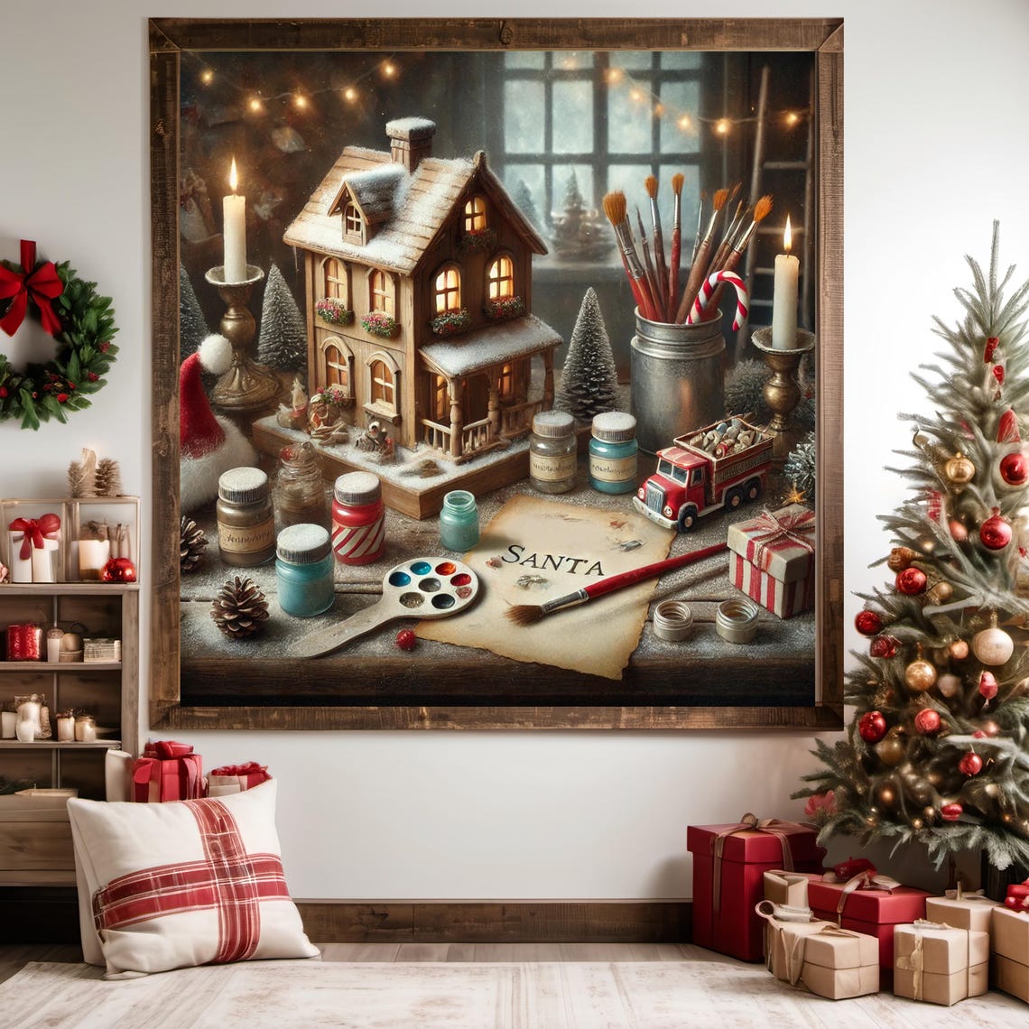 Santas Workshop Miniature Snowy Cottage Paint Still Life Print - Image 3
