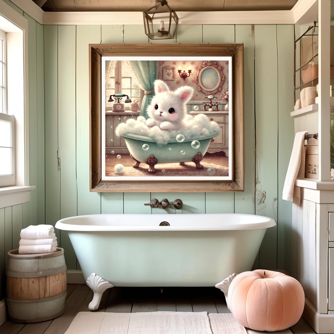 Fluffy Bunny Bubble Bath Vintage Mint Clawfoot Tub Cozy Nursery Poster - Image 3