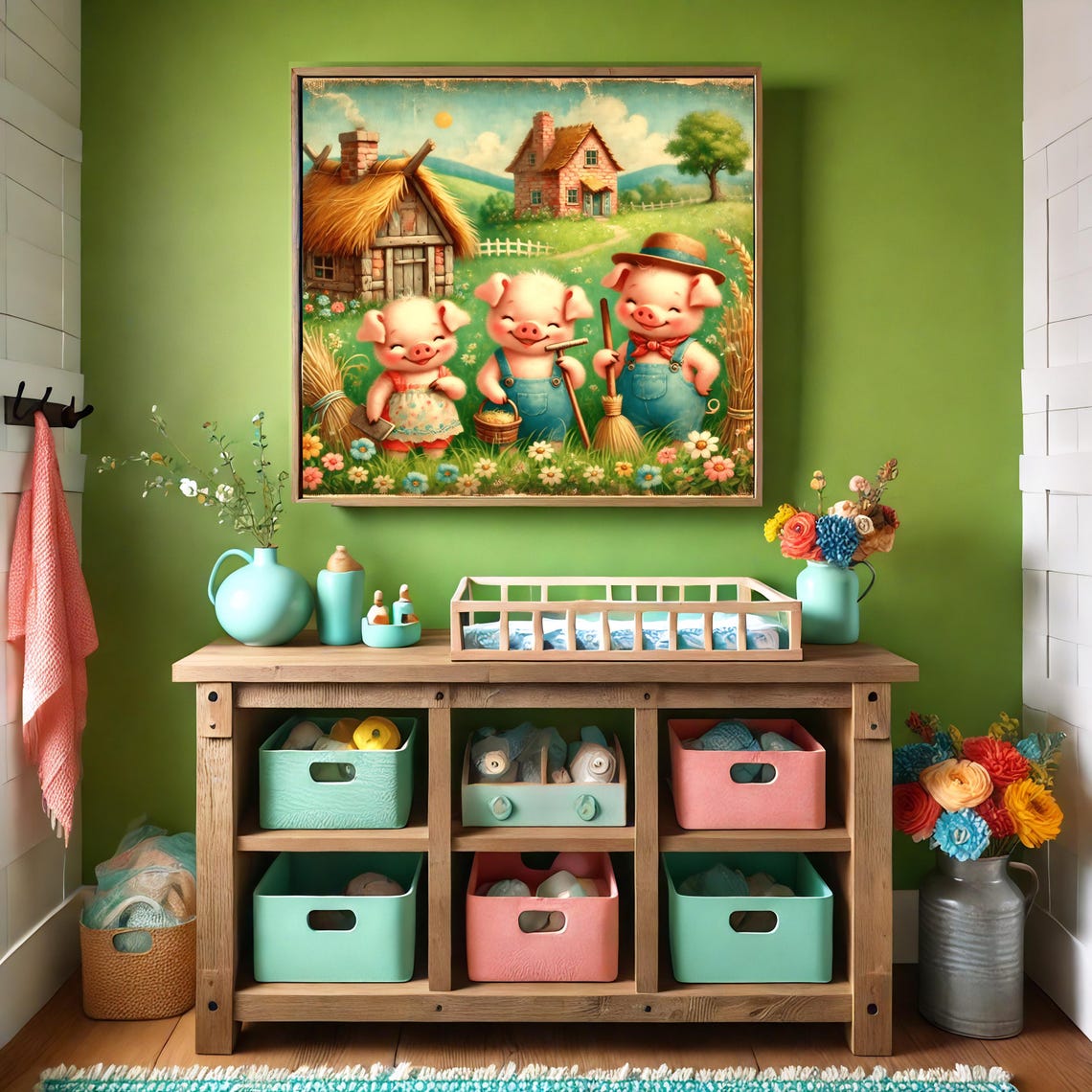 Three Little Pigs Building Their Straw Stick And Brick Houses Poster - Image 2