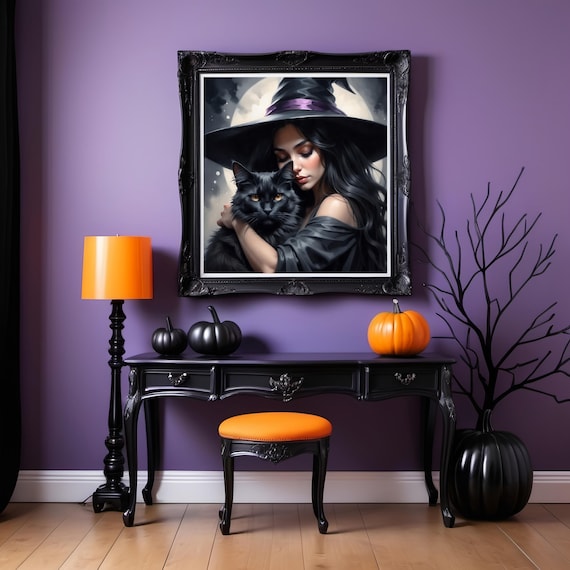 Gothic Witch Embracing Black Cat Moonlit Purple Hat Halloween Decor Wall Art