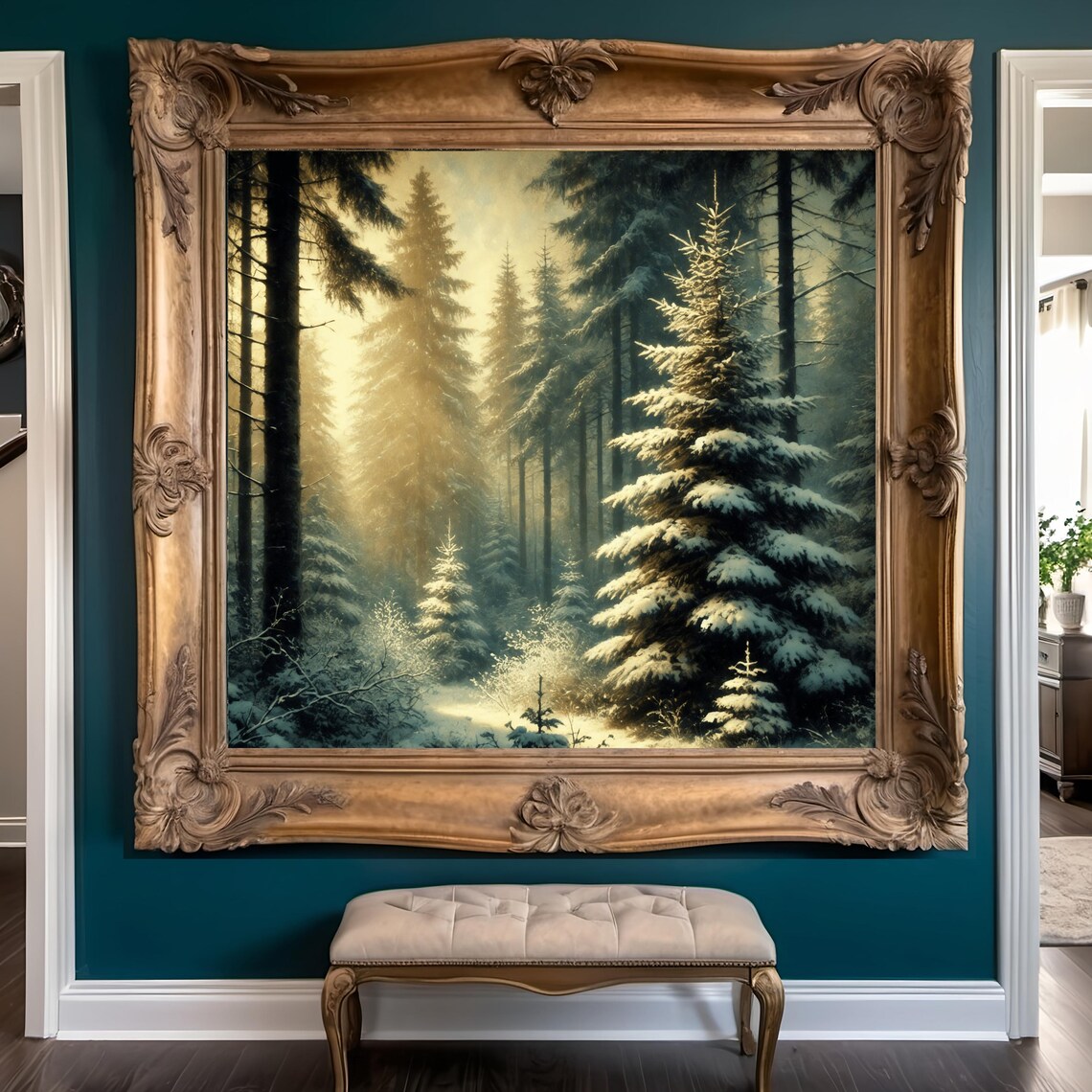 Snowy Evergreen Forest Golden Winter Light Serene Landscape Print - Image 2