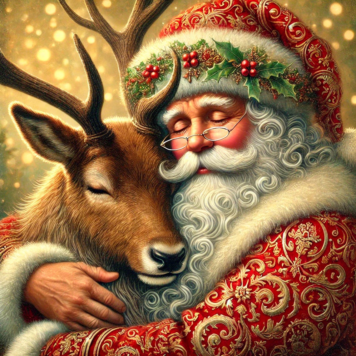 Santa Claus Hugging Reindeer Tender Heartwarming Holiday Print