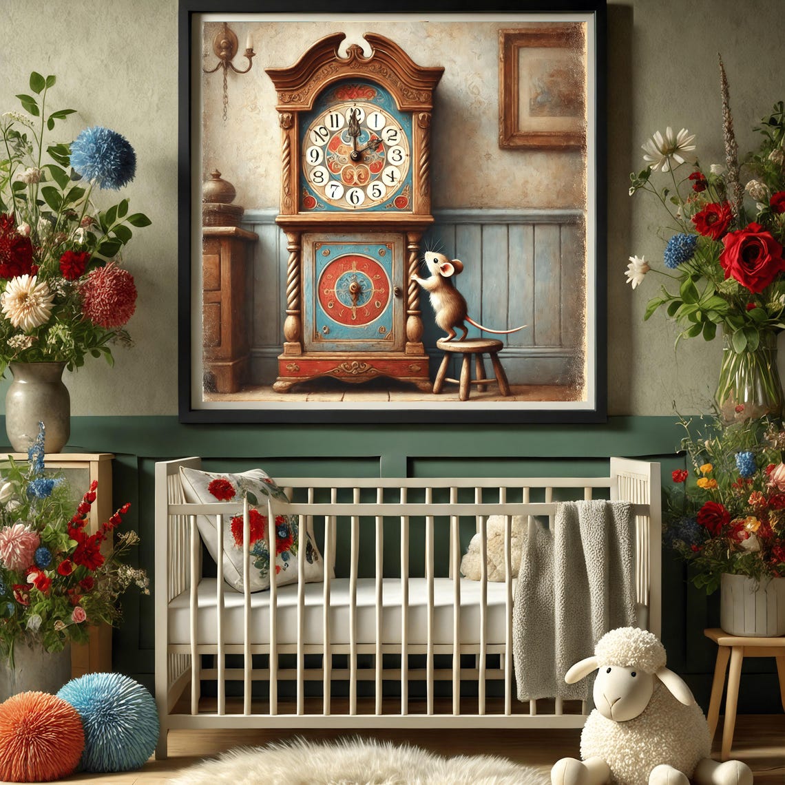 Hickory Dickory Dock Mouse And Vintage Folk Clock Nursery Poster - Image 3