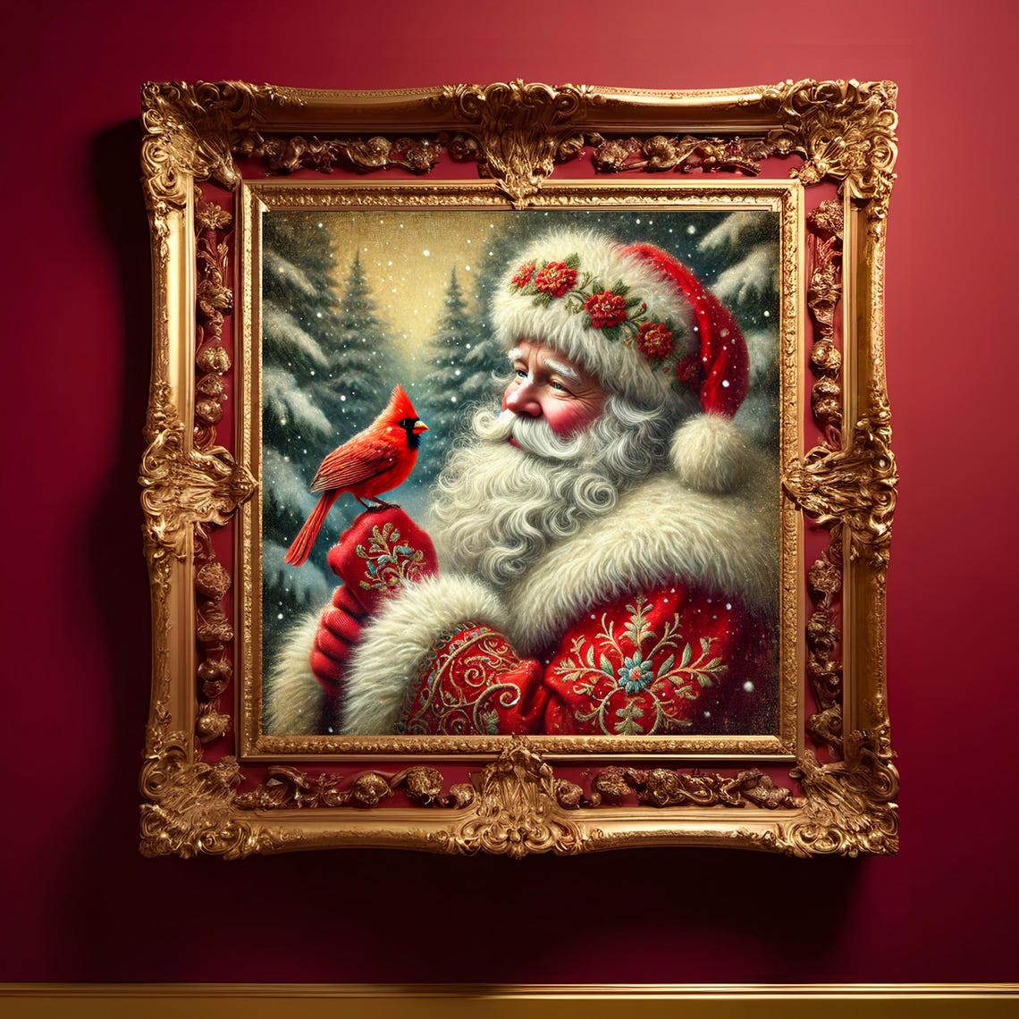 Santa Claus and Red Cardinal Perched on Glove Winter Art Print - Image 3