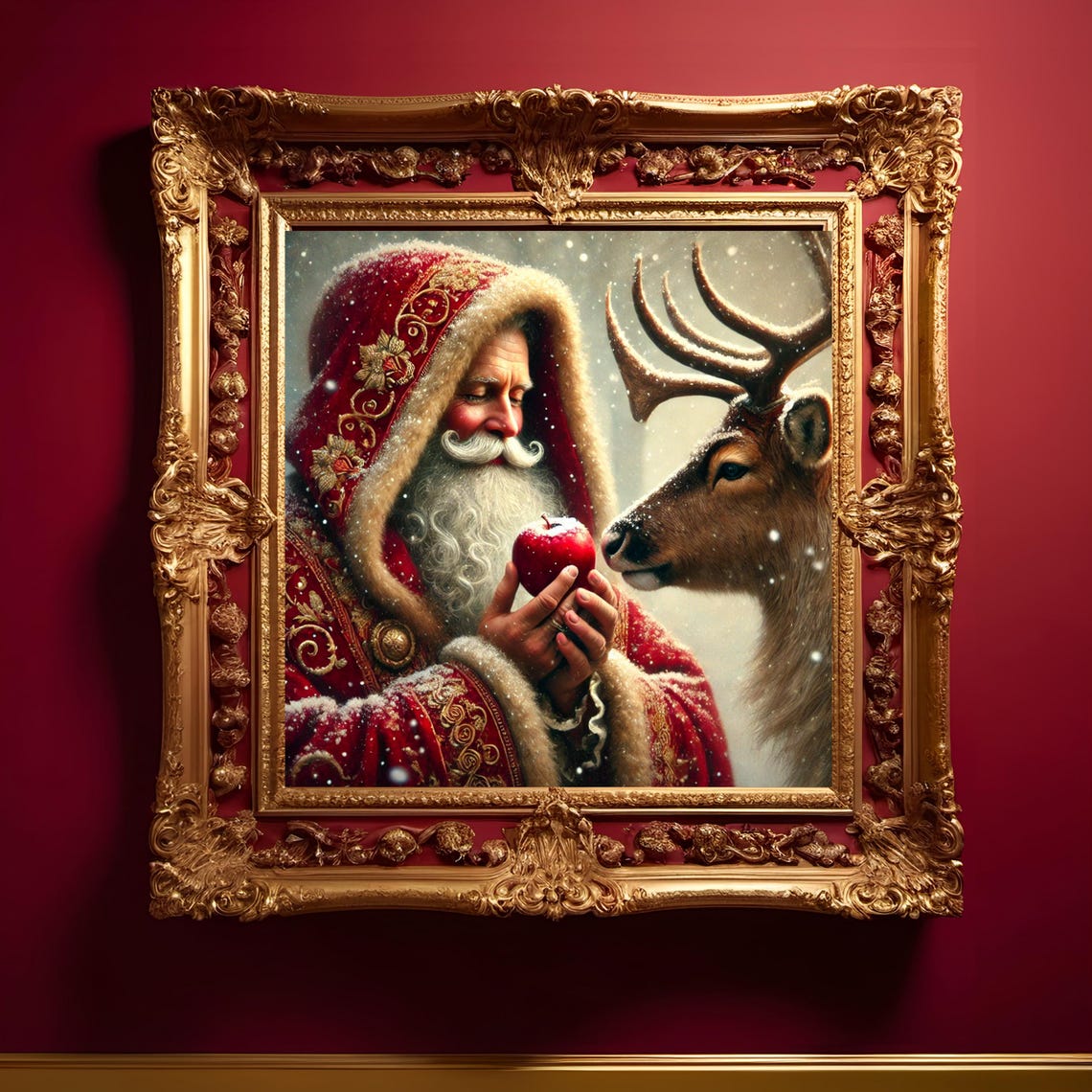 Santa Claus Feeding Reindeer Apple Snowy Painterly Christmas Poster - Image 3