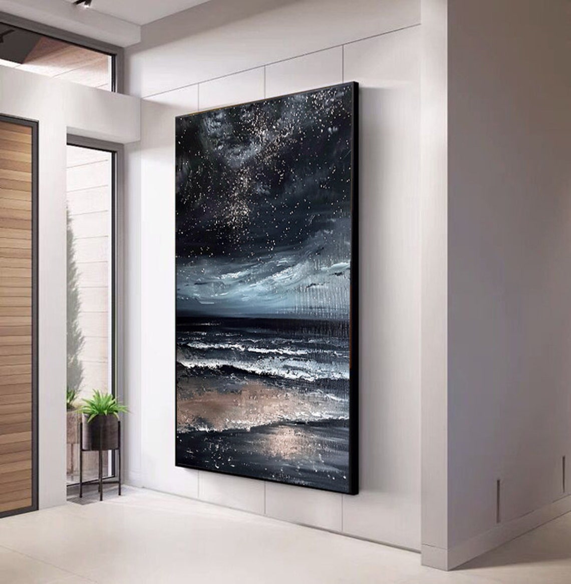 Glittering Starry Sky Above Black Midnight Ocean Waves Vertical Poster - Image 5