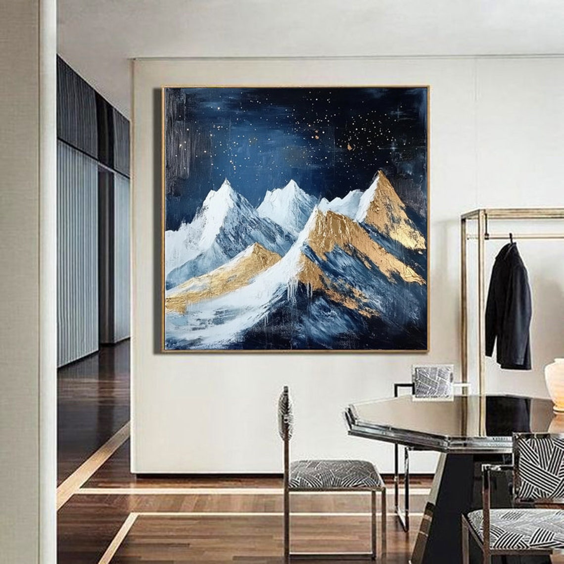Starry Indigo Night Over Snow Peaks With Gold Touched Ridges Poster - Image 3