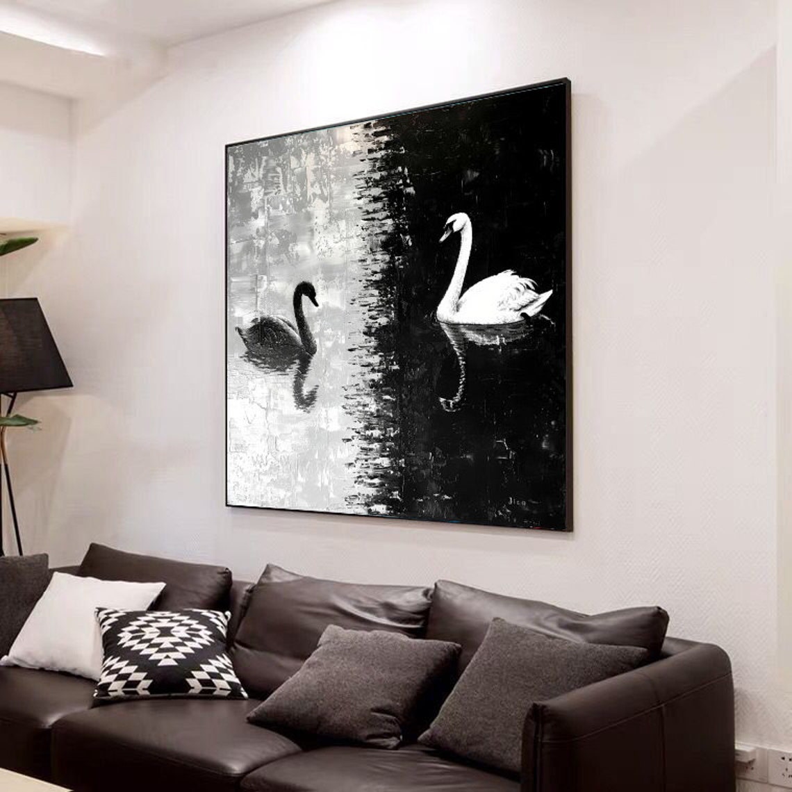 Black and White Swans Gliding on a Moonlit Lake Square Poster - Image 2