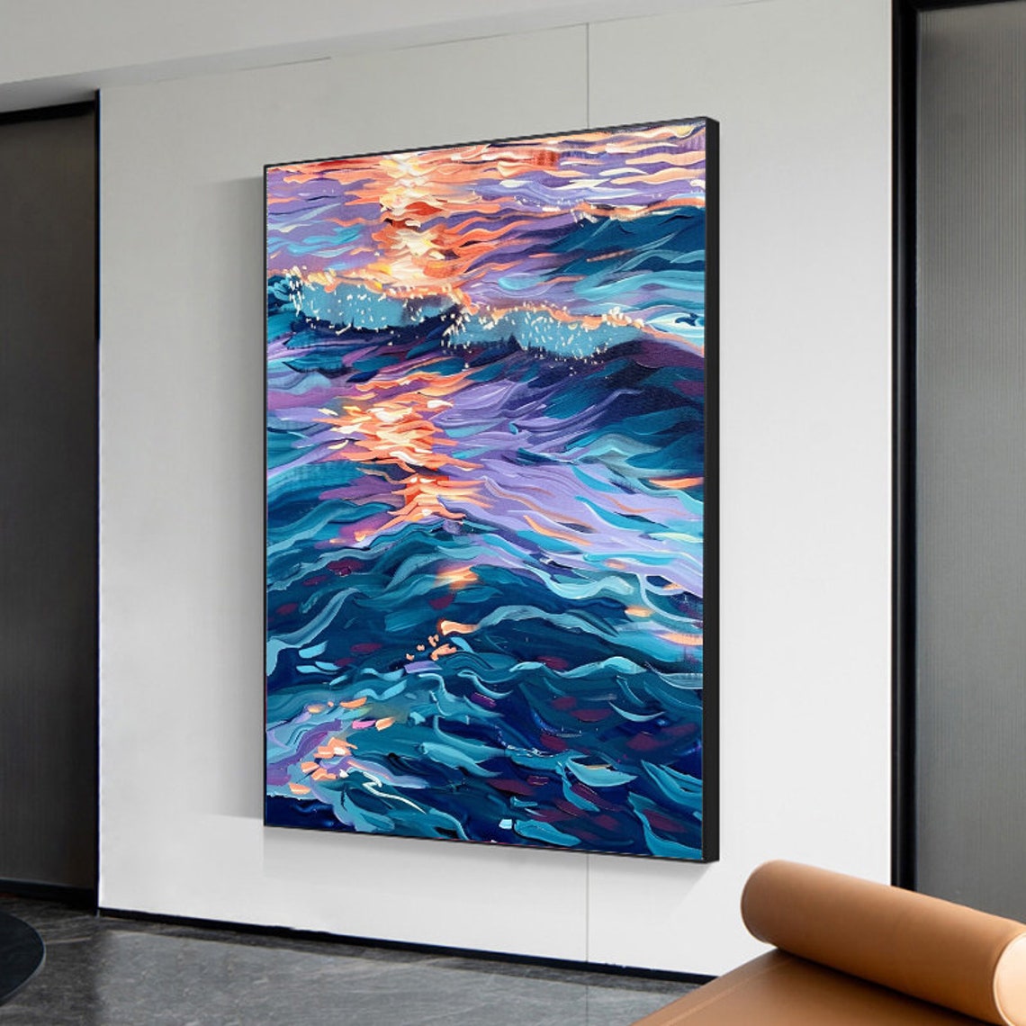 Sunset Reflections On Violet Blue Ocean Waves Vertical Art Poster - Image 3
