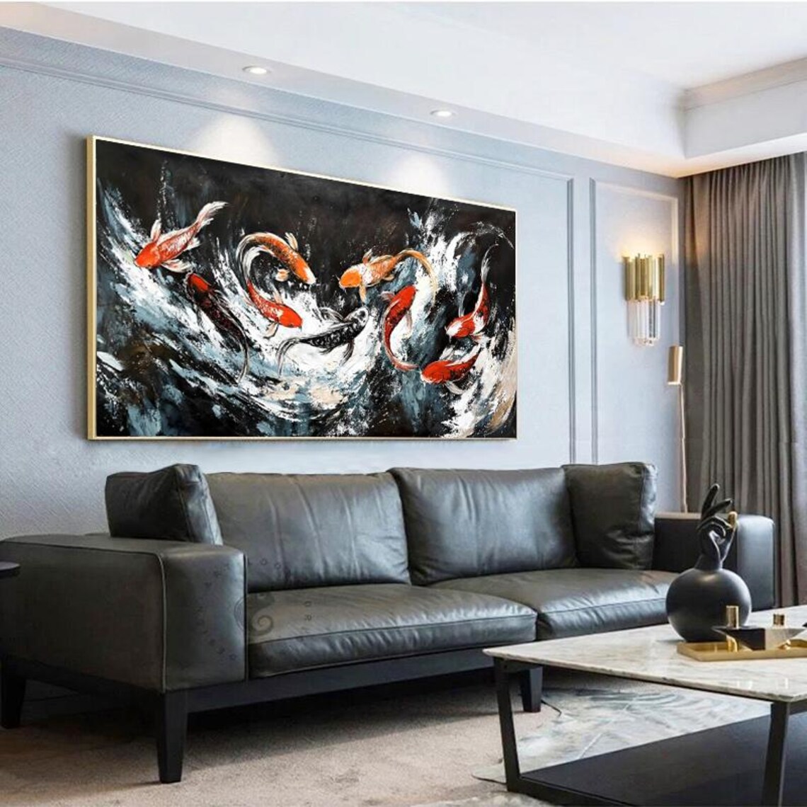 Nine Abstract Koi Oil Painting, Living Room Wall Art - Image 4