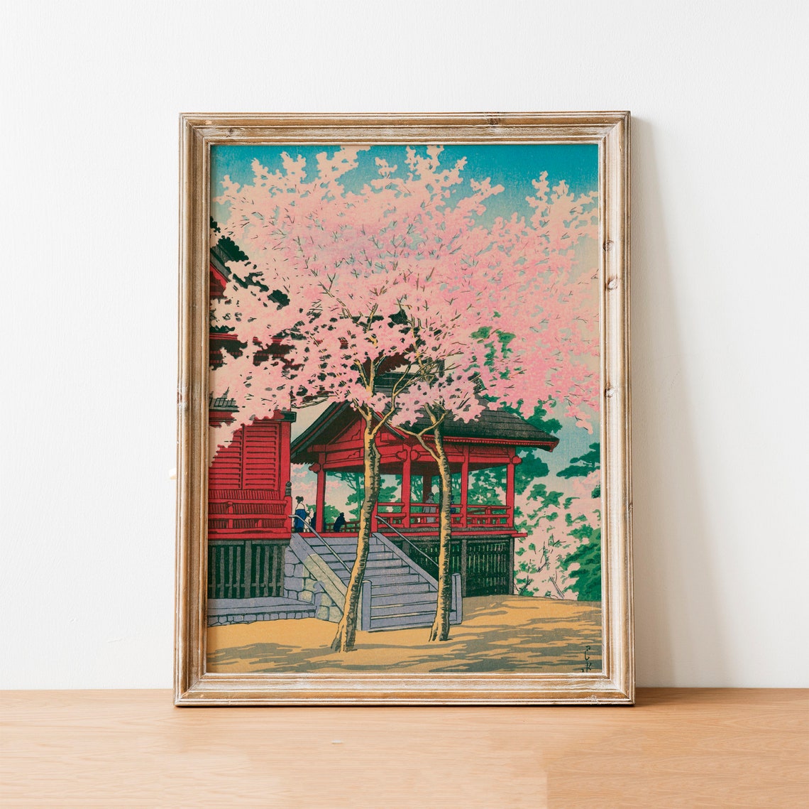 Cherry Blossoms Red Temple Japanese Woodblock Style Art Poster - Image 2