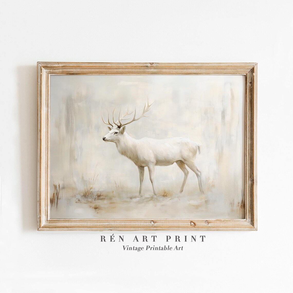 Antique Reindeer Painting, Vintage Winter Animal Art