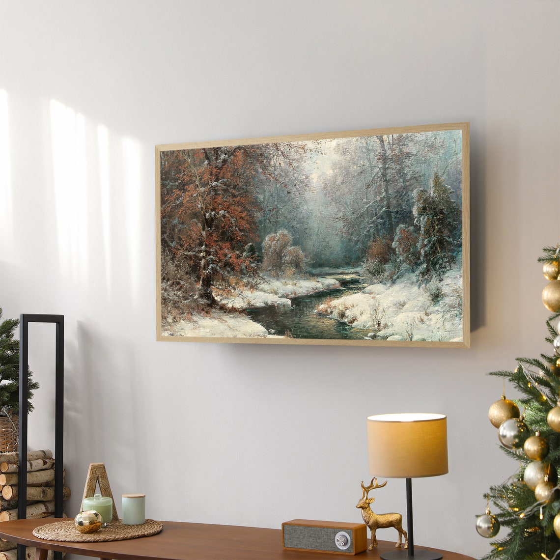 Misty Winter Woodland Stream Snowy Forest Creek Vintage Wall Art - Image 2