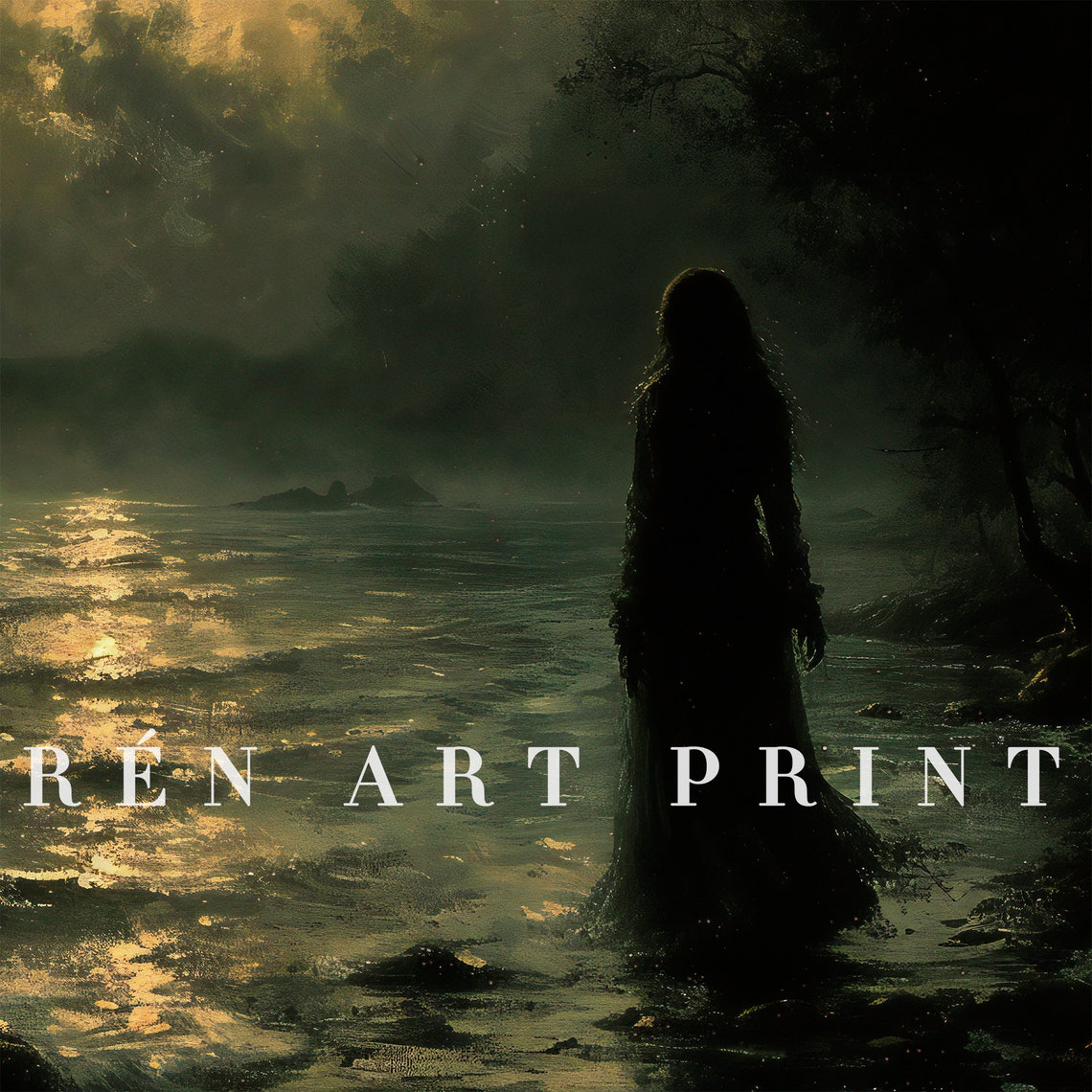 Moonlit Swamp Woman under Golden Full Moon Gothic Painting Poster - Image 3