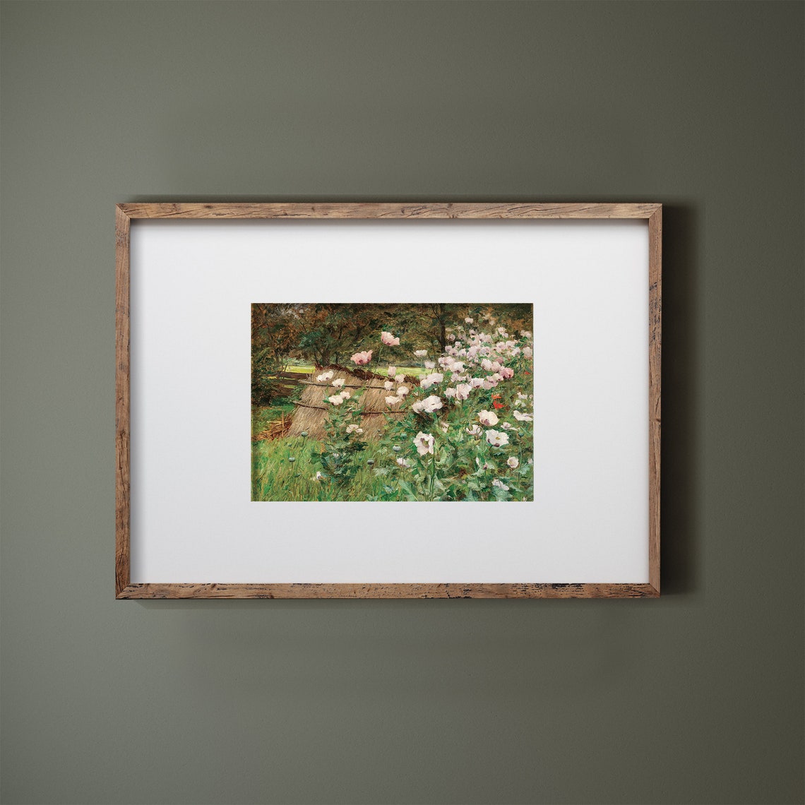 White Poppy Garden with Haystack Impressionist Floral Art Print - Image 2