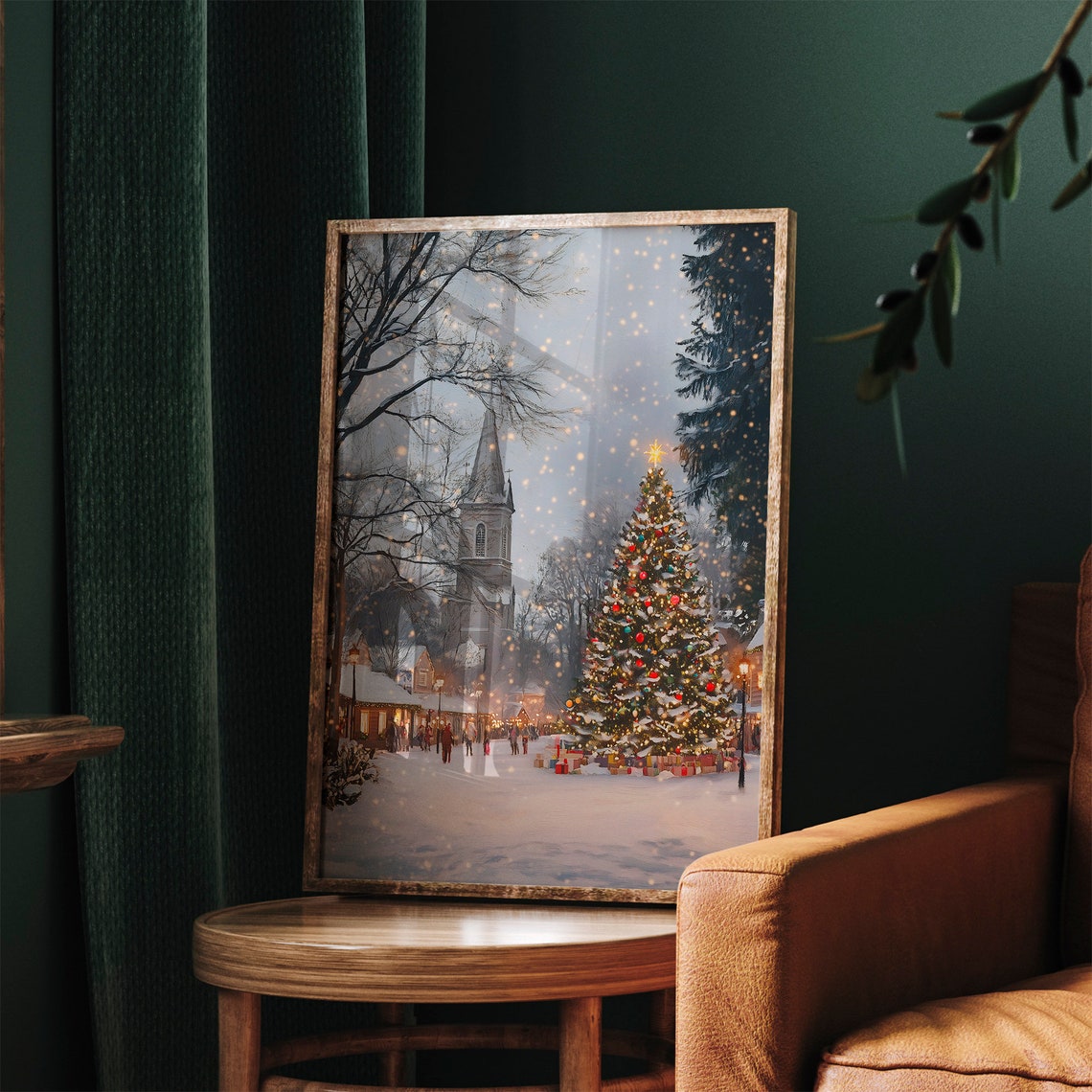 Snowy Christmas Town Square with Tree and Church Holiday Poster - Image 2