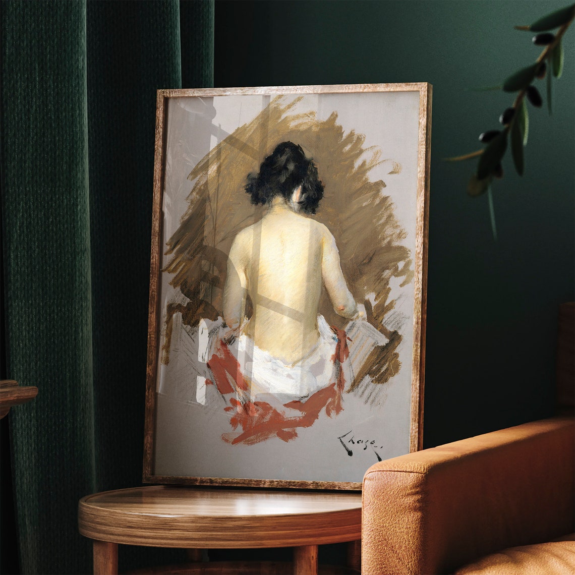 Japanese Woman Wall Art William Merritt Chase Antique Naked Woman Oil Painting Vintage Lady Portrait Art - Image 3