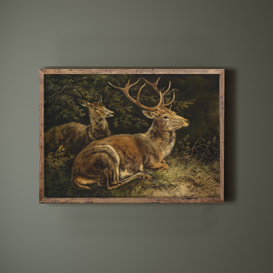 Resting Stag and Doe Antique Forest Wildlife Painting Poster - Image 3