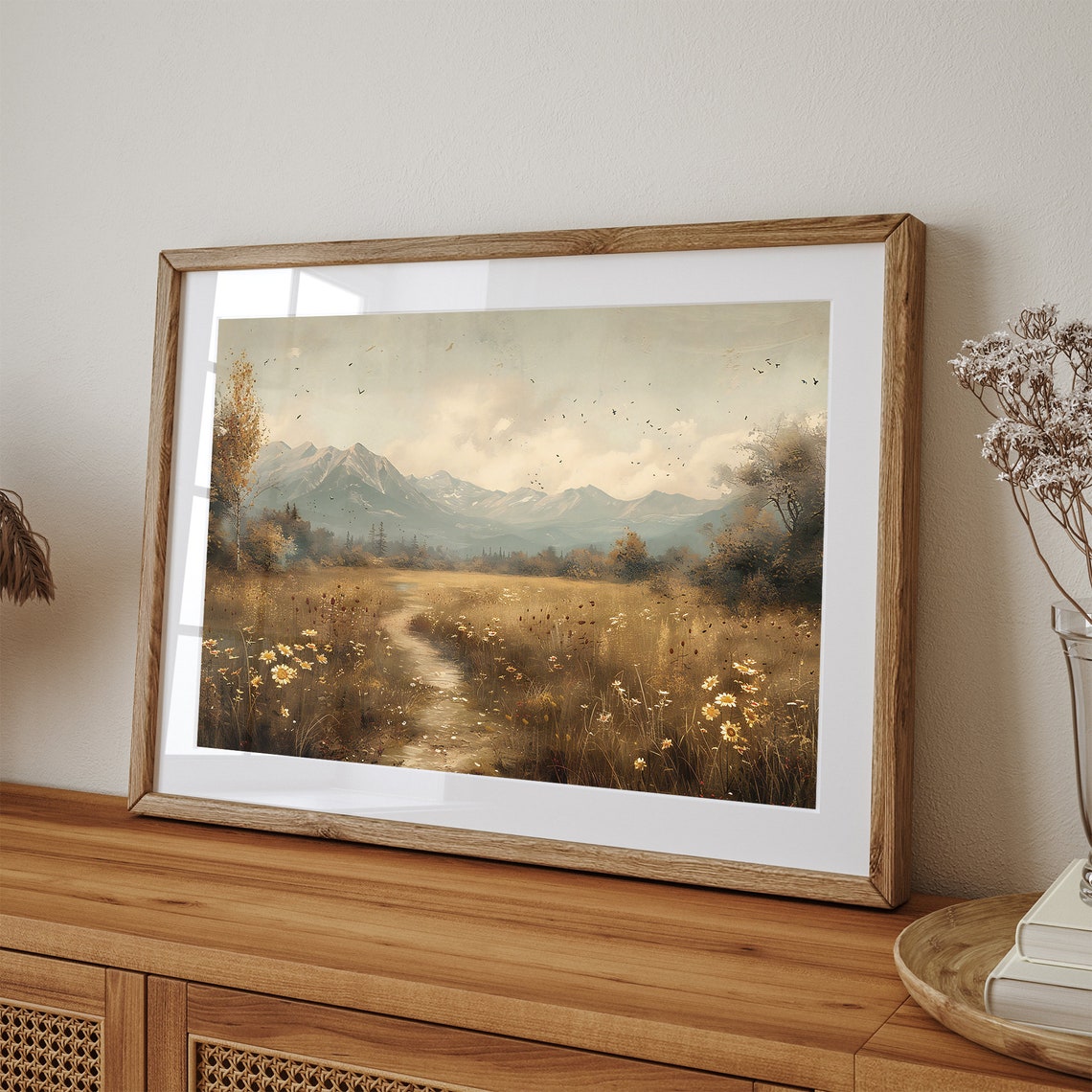 Autumn Meadow Wildflowers Path to Snowy Mountains Rustic Poster - Image 2