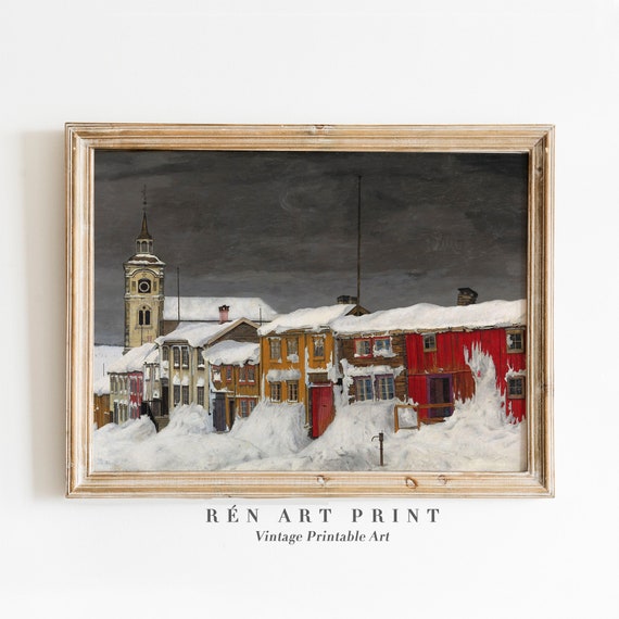 Vintage Winter Landscape Wall Art Moody Winter Farmhouse Print Landscape Oil Painting Christmas Wall Decor Wall Art
