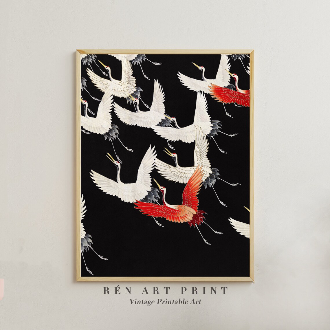 Japanese Crane Woodblock Print, Vintage Bird Wall Art