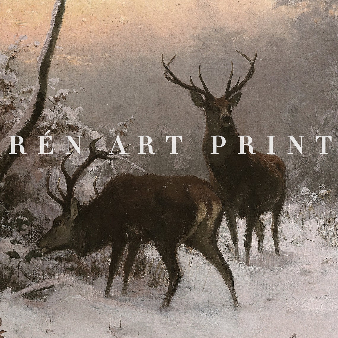 Three Stags in Snowy Winter Forest Vintage Wildlife Art Print - Image 3