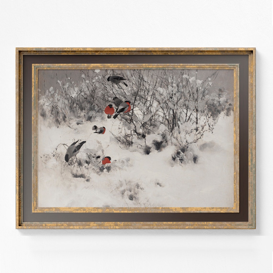 Bullfinch Birds Snowy Branches Winter Wildlife Vintage Print - Image 2