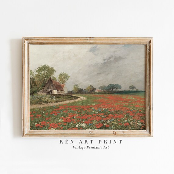 Cottage Red Poppy Field Summer Vintage Countryside Painting Art Poster