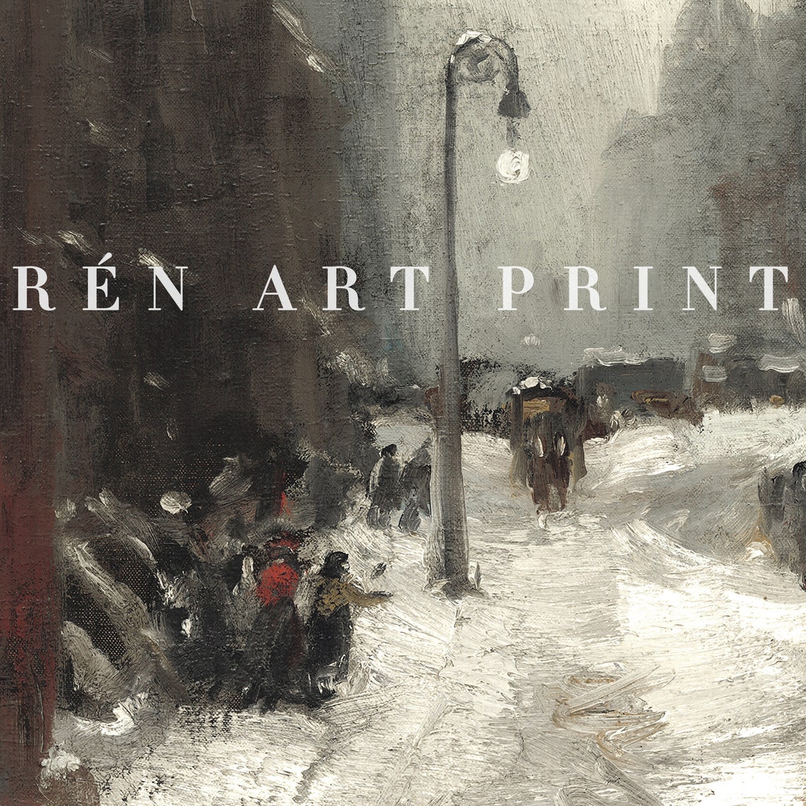 Moody Snowy Night Street with Lamppost Impressionist Art Print