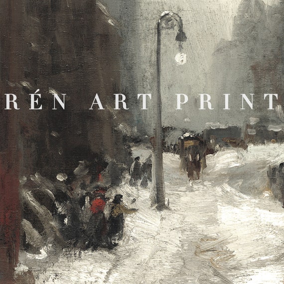 Antique Moody Winter Snowy Cityscape Painting Vintage Winter Painting Wall Art Christmas Holiday Print