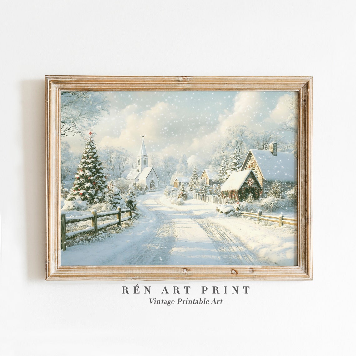Snowy Christmas Village Street Church Tree Vintage Holiday Print